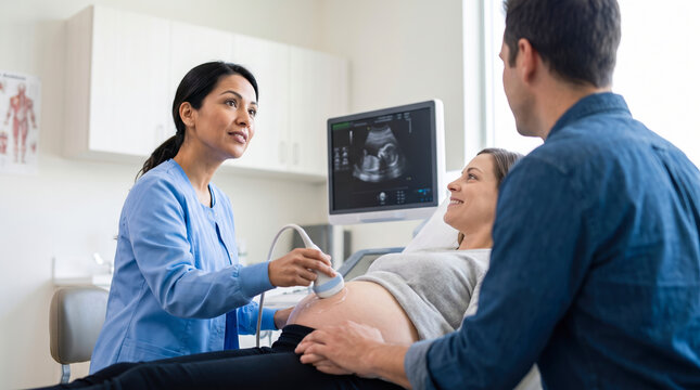 Expectant mother lying on an exam table receives a professional ultrasound screening from a medical technician as her supportive partner holds her