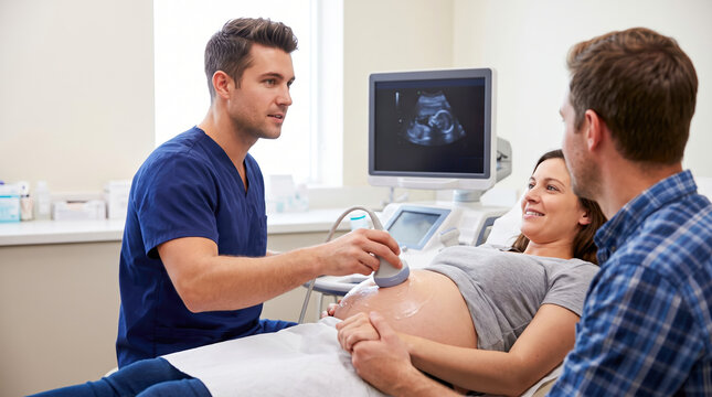 Male healthcare professional uses medical equipment on the belly of a smiling pregnant woman while her partner supports her during a clinic visit