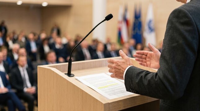 Person in a business suit stands behind a podium with a microphone to deliver a speech to a group of seated attendees inside a professional event hall