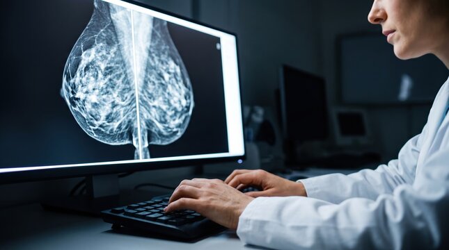 Doctor works at a computer desk in a dark room to analyze medical imaging data of a mammogram for diagnostic purposes during daily clinical duties