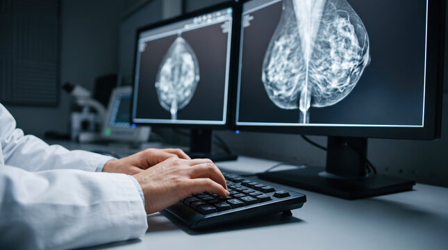 Medical professional using a keyboard to review detailed breast X-ray scans displayed on dual high resolution monitors to assist in patient diagnosis