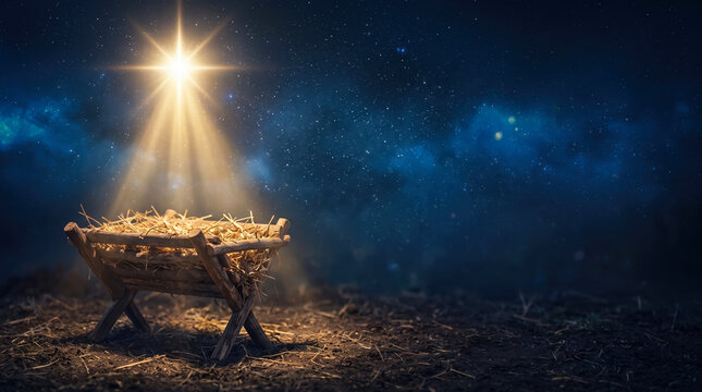 A wooden manger with hay sits under a glowing star against a dark blue sky, illustrating a peaceful nativity scene in Bethlehem as a symbol of faith