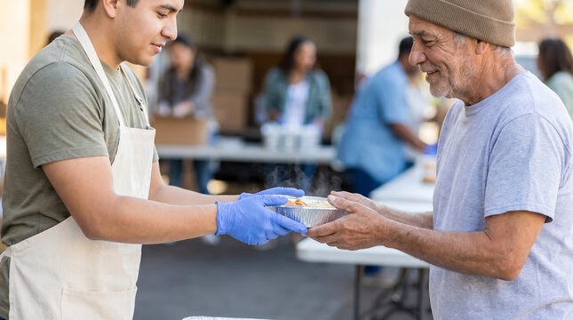 Young male volunteer wearing an apron and blue gloves serves a hot steaming food container to an older gentleman during a charitable outreach event
