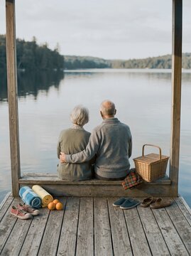 Senior couple embraces on lake dock enjoying peaceful retirement moment together
