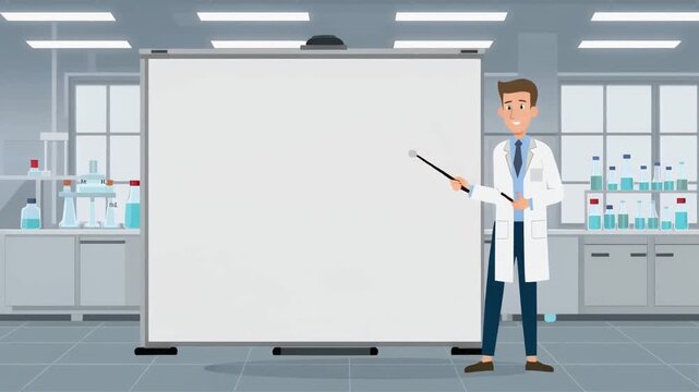 Friendly Male Scientist Standing Beside Blank Screen in 2D Cartoon Style