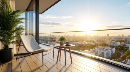 Fototapeta premium Modern apartment balcony with lounge chair, small wooden table overlooking bright city skyline at sunset. Minimalist terrace design features green plant in pot, glass railing. Urban view with sun