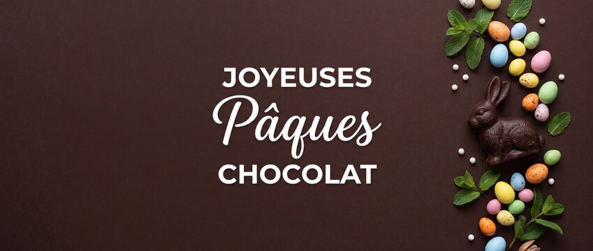 Joyeuses Paques chocolat Easter background banner featuring chocolate bunny, colorful eggs, and fresh mint on dark brown surface for festive French holiday greeting, spring composition, copy space.