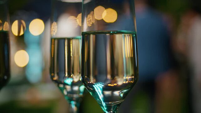 Extreme close up of champagne flutes arranged at a rooftop party for guests to toast, with sparkling wine glasses set against festive city lights.