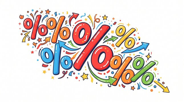Colorful Percentage Symbols with Arrows and Confetti Celebrating Sales and Discounts