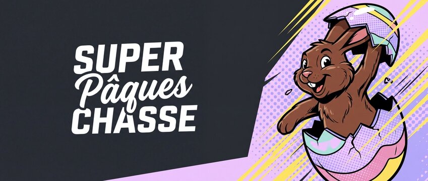 Easter bunny hatching egg illustration pop art comic banner background for French Super Easter Egg Hunt celebration, cute cartoon brown rabbit emerging from pastel eggshell with copy space