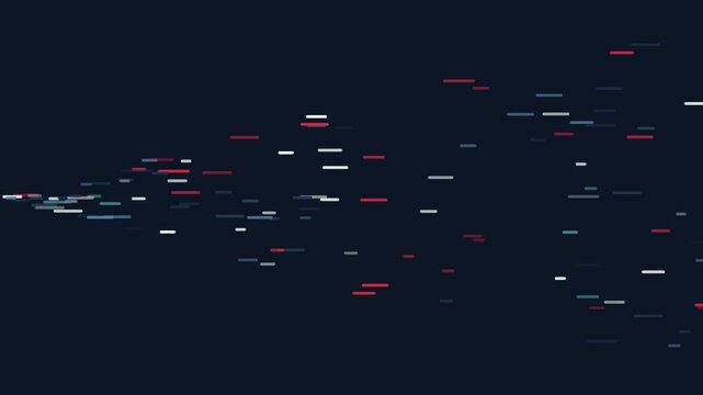 Abstract data stream background with dynamic blue and red lines moving across dark screen.