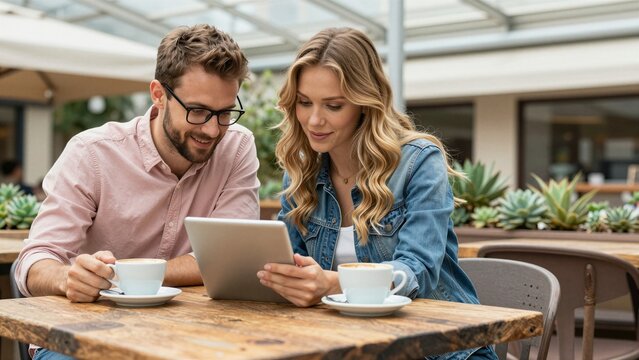 A smiling couple shares a moment over coffee while looking at a tablet in an outdoor cafe setting.