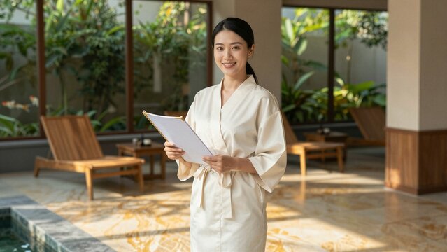 A smiling spa employee in a white robe holds a menu near an indoor pool surrounded by lush greenery and wooden lounge chairs.
