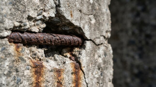 Corroded steel rebar protruding from cracked, spalling concrete showing rust stains and structural deterioration
