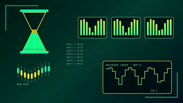 A digital stress assessment interface displays multiple hourglass timers and fluctuating statistical graphs on a dark green screen representing real time data analytics for performance monitoring