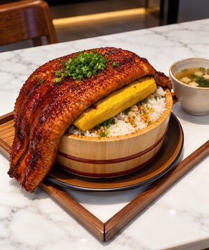 Japanese Grilled Eel with Tamagoyaki and Rice in Traditional Wooden Bowl