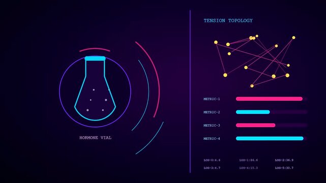 a clinical stress assessment visualized through an animated laboratory beaker icon displaying fluctuating digital data streams and changing bar charts on a glowing deep purple display