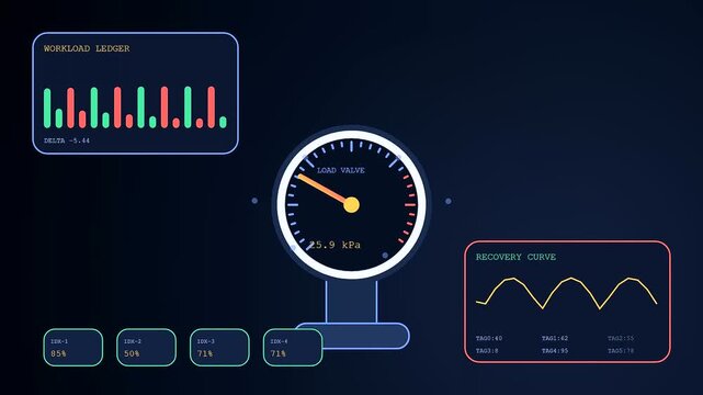 A detailed stress assessment displayed on digital screens with moving graphical readouts glowing gauges and numerical data points flickering during a sequence of automated system monitoring processes