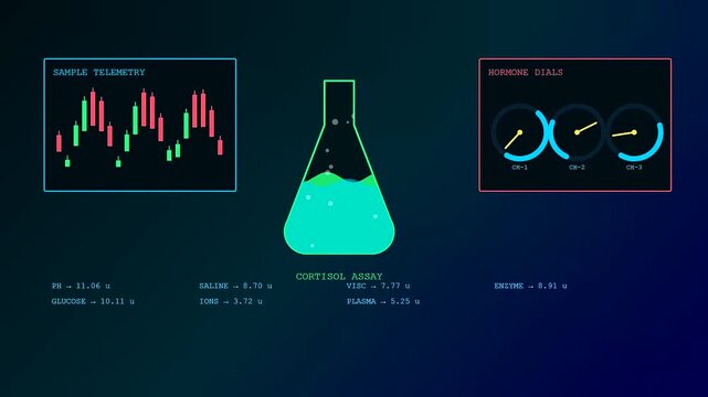 A digital stress assessment interface displays chemical levels within a beaker as data points fluctuate across three distinct monitoring screens capturing real time laboratory test results