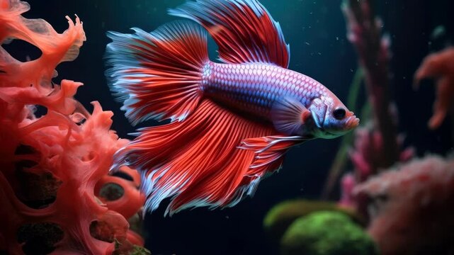 Close-up of a Vibrant Siamese Fighting Fish in a Coral Aquarium