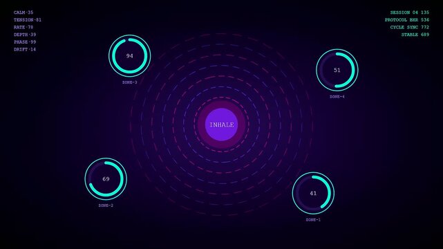 A digital stress assessment interface displays circular breathing metrics and heart rate data nodes within a dark purple atmospheric environment during a medical observation session process