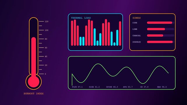 A digital stress assessment interface displaying multiple health monitor gauges and line graphs tracking bodily thermal fluctuations across changing metabolic zones in a simulated medical environment