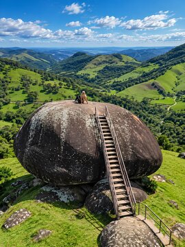 Woman Sitting on Giant Boulder Overlooking Lush Green Mountain Valley