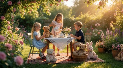 Obraz premium Three happy children host tea party in sunny garden. Little girl pours tea from porcelain teapot for friends. Kids sit around table with teddy bears, snacks, flowers. Summer afternoon backyard play