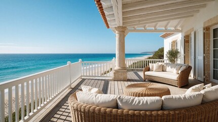 Fototapeta premium Luxury villa terrace with wicker furniture, white cushions overlooks blue ocean. Spacious wooden patio features comfy sofas, outdoor seating, white railings. Sunny mediterranean coast offers calm sea