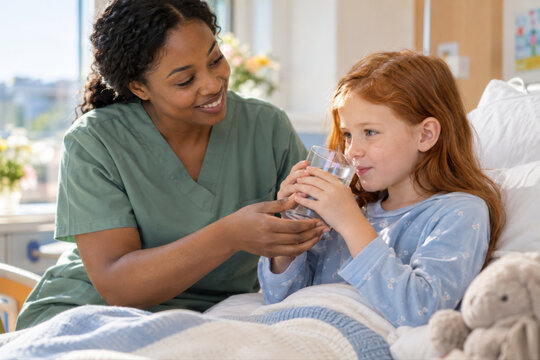 Eine Krankenschwester unterst&uuml;tzt ein Kind beim Trinken und begleitet es aufmerksam im Pflegealltag. Die behutsame Hilfe vermittelt Sicherheit und zeigt pers&ouml;nliche Betreuung im Kinderkrankenhaus.