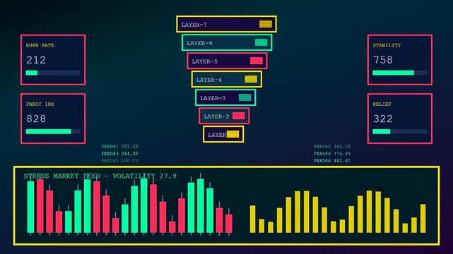 Data monitoring and stress assessment interface displaying shifting financial metrics across three sequential digital screens featuring changing charts and oscillating level bars in a dark room