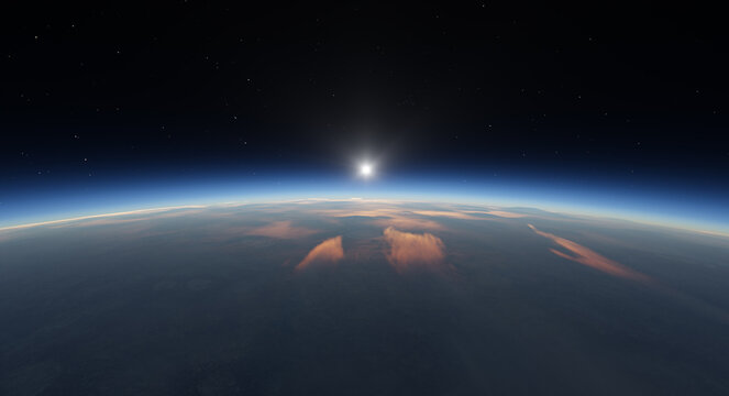 Sunrise Over Earth's Curved Horizon From Space With Atmospheric Glow and Stars &mdash; 3D Rendering