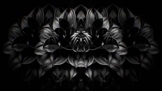 Monochrome dark dahlia flowers in symmetrical kaleidoscope on black background, noir floral seamless VJ loop