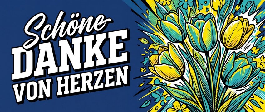 German thank you card banner with pop art yellow tulips and typography schone danke von herzen for floral greeting message, gratitude header, pop art retro comic background illustration