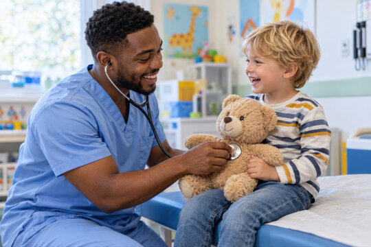 Eine Pflegekraft untersucht ein Kind mit dem Stethoskop, w&auml;hrend ein Teddyb&auml;r f&uuml;r Ablenkung sorgt. Die spielerische Begegnung nimmt die Angst und vermittelt Vertrauen in die medizinische Betreuung.