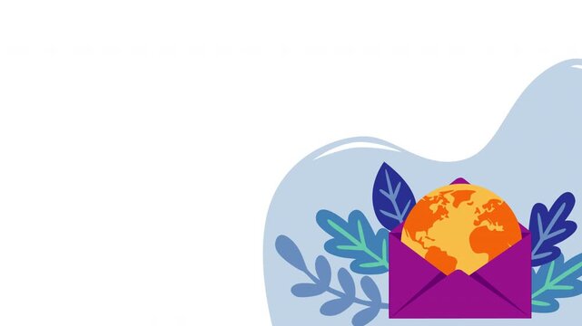 Animated mail delivery background featuring a colorful envelope, globe, and leaves