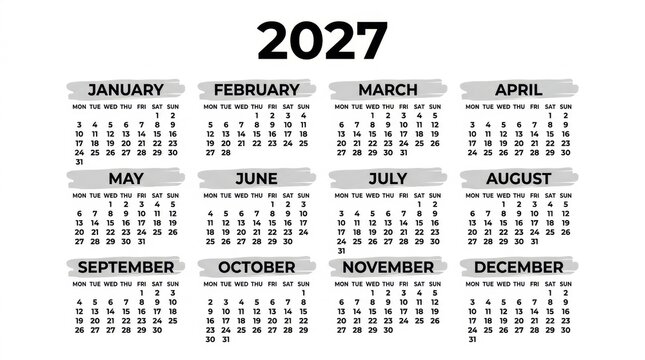 Calendar 2026, calendar 2027 week start Monday corporate design planner template.Calendar 2027 template, Planner 2027 year, Wall calendar  template, Week Starts Monday, Set of 12 calendar,
