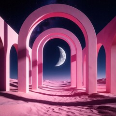 Fototapeta premium Surreal pink arches form pathway through desert dunes under night sky. Crescent moon shines above sand hills in dreamlike landscape. Minimalist geometric architecture creates tunnel effect toward