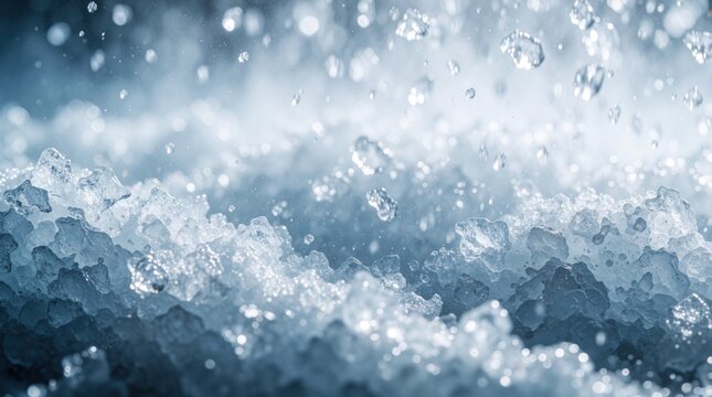 Macro shot of tiny ice shavings, frozen particles drifting through misty shower. Blue liquid texture with cold water splashes, crystal elements. Abstract frost background shows frozen motion,