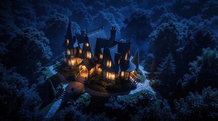 Obraz premium Aerial drone view of magical fantasy house in dark forest at night. Glowing windows light up mysterious old mansion nestled among dense trees. Enchanted architecture sits alone in spooky woods under