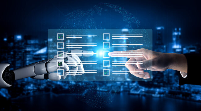 A compelling visual of a robotic hand reaching out to a human hand, united by a digital checklist in a vibrant cityscape, symbolizing the future of collaboration and technology. Cyphers