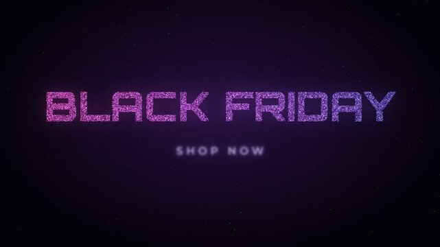Black Friday sale announcement with shimmering purple text and shop now call to action on a dark starry background