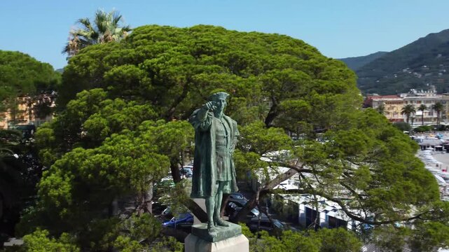 Aerial view of Columbus in Rapallo, Italian Riviera, Liguria, Italy - 4K drone footage