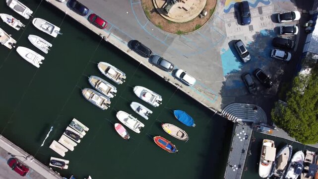 Aerial view of Historic Center & Colorful Ligurian Houses in Rapallo, Italian Riviera, Liguria, Italy - 4K drone footage
