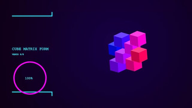 Modular assembly process animation featuring colorful isometric cubes rotating in a digital space with floating data percentages displayed on a dark gradient interface screen background