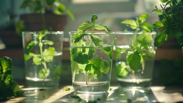 Fresh mint leaves in water in drinking glasses under warm sunlight