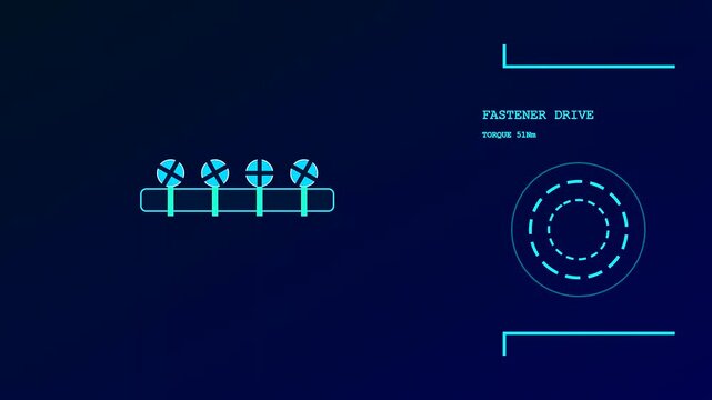 Digital displays showing modular assembly processes with glowing fastener drive metrics as mechanical components are aligned and tightened in a sequence of automated manufacturing plant tasks