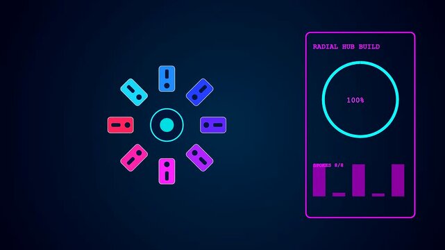 A digital interface showing modular assembly of radial components alongside a progress chart with circular indicators glowing in neon colors on a dark virtual space panel