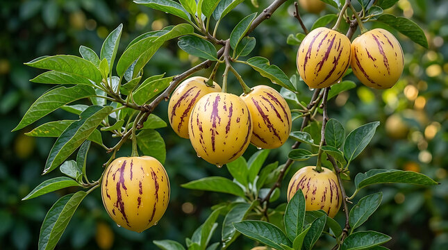 Fresh pepino melon fruits hanging on a tree in the garden