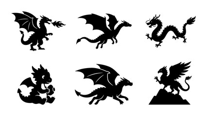 Fototapeta premium Dragon silhouettes set with mythical creatures breathing fire, flying and sitting on mountain for tattoo or logo